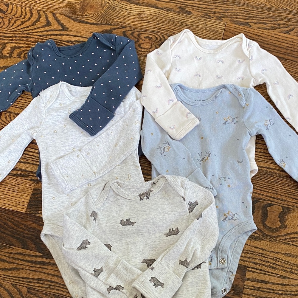 Set of 5 Baby Long-Sleeve One-Piece Bodysuit Set - Blue, Navy, White, Gray 3mos